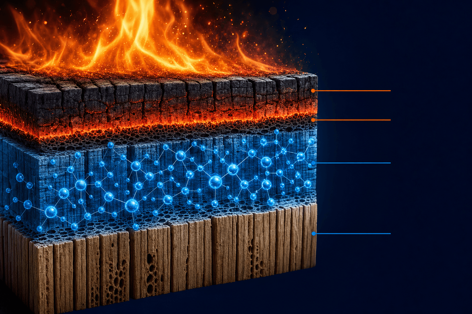 Cross-section diagram showing AFT-treated wood with intumescent char layer protecting unburned substrate below
